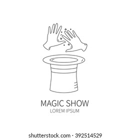 Line style logotype template with magician hands and magic hat. Isolated on white background .
