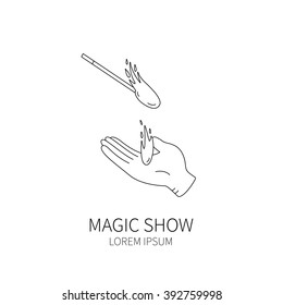 Line style logotype template with magician hand. Isolated on white background .