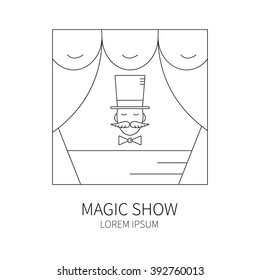 Line style logotype template with magician. Isolated on white background .