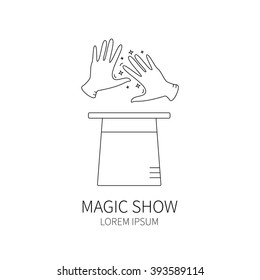 Line style logotype template with magician hands and magic hat. Isolated on white background .
