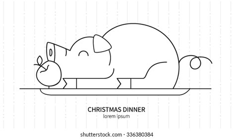 Line style logotype template with pig with apple. Isolated on background and easy to use. Perfect logo for your business. Clean and minimalistic. Holiday series. 
