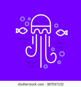 Line style logotype template with sealife - jellyfish and fish. Isolated on background and easy to use. Perfect logo for your business. Clean and minimalistic symbol. travel and vacation concept.