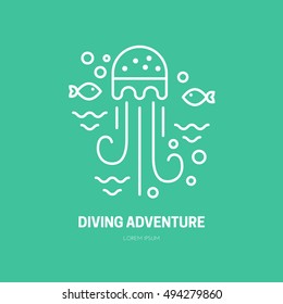 Line style logotype template with sealife - jellyfish and fish. Isolated on background and easy to use. Perfect logo for your business. Clean and minimalistic symbol. travel and vacation concept.