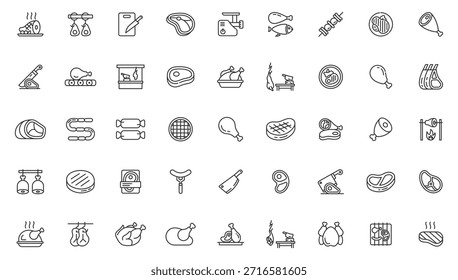 Line Style Meat Icon Set con varios Productos de carne como filete, pollo, jamón, salchichas, tocino y otros Elementos de comida. Iconos de contorno limpios y modernos perfectos para la comida,