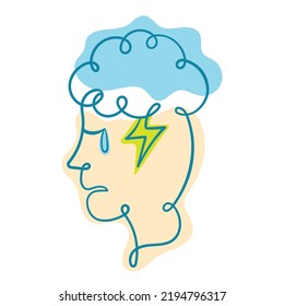 Line style mental health. Happy and sad man with cloud and lightning