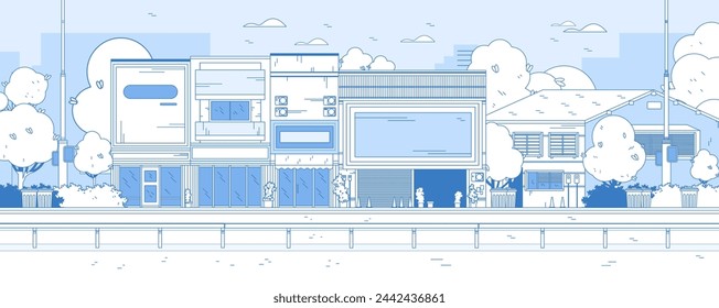 Line style Modern Japanese street. Simple Asian buildings with shops and stores