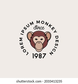 Line Style Monkey or Ape Face with Retro Typography. Abstract Vector Sign, Symbol or Logo Template. Cartoon Silhouette. Isolated.