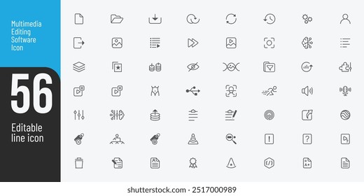 line style multimedia editable icons set audio, video, photo edit