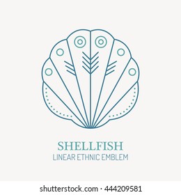 Line style nautical emblem - shellfish illustration. Sea scallop minimalistic outlined icon. Sea vacation and sea voyaging design.