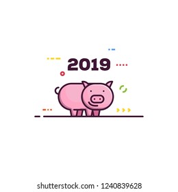 Line style new year pig. 2019 chinese year of the pig. Happy pink piggy smiling. Abstract elements and lines.
