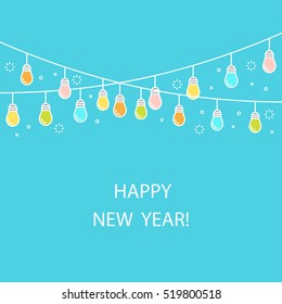Line style New Year vector illustration background with garland consisted of colorful light bulbs