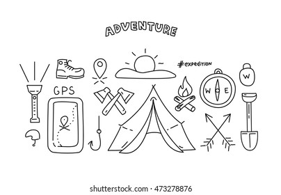 Line style objects for adventure and travel. Vector illustration