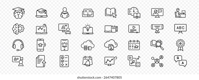 Estilo de Linha Aprendizagem On-line e Conjunto de Ícones de Educação Digital, Conjunto de ícones de estrutura plana de educação on-line e e-learning, estudo remoto, cursos digitais, sala de aula virtual, exames on-line, ensino à distância