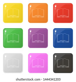 Line style open book icons set 9 colors isolated on white. Collection of glossy square colorful buttons. Vector illustration for any design.
