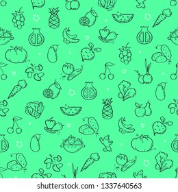 Line style organic food pattern. Doodle seamless background. The modern and light pattern is ideal for promotional products, textiles, websites, identity, menu, packaging and more