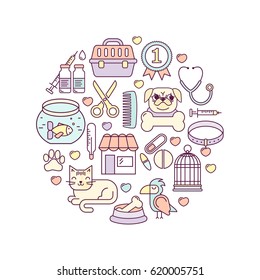 Line style pastel colored vector round shape illustration with pets icons. Linear vet pattern on white. Line style veterinarian background. Goods for cats and dogs.