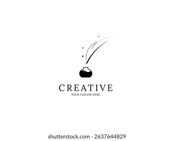 line style quill pen logo design with inkwell decorated stars