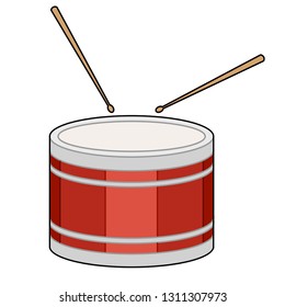 Line style. Red drum and wooden drum sticks. Musical instrument, drum machine. Flat vector illustration isolated on white background.