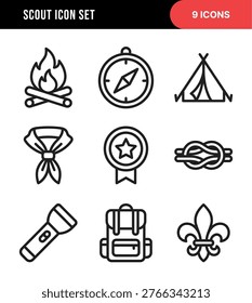 Line Style Scouting Elements Camping Objects and Activities Icon Set
