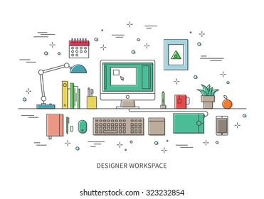 Line style set of designer workspace with computer, keyboard, tablet and stylus in office place, comfort freelancer interior. Old print effect vector illustration, isolated on white background
