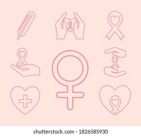 line style set icons design, breast cancer awareness campaign and prevention theme Vector illustration