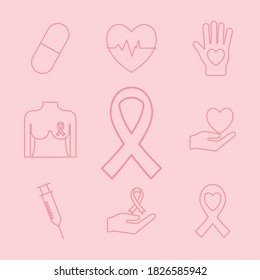 line style set of icons design, breast cancer awareness campaign and prevention theme Vector illustration