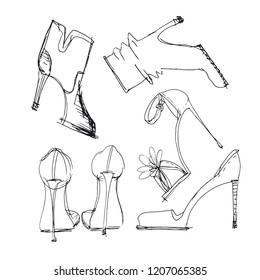 Line style shoes sketch set. Traced hand drawn illustration.