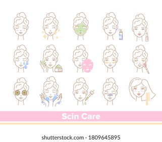 Line style Skin Care concept with beautiful ladies using assorted cosmetics and skin treatments, vector illustration