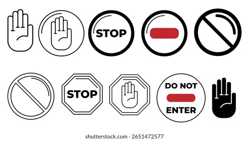 Line style stop signs and icons set in flat vector EPS 10. Includes various stop symbols such as octagon signs, hand gestures, and line art warnings used in traffic, safety, UI alerts, or restriction.