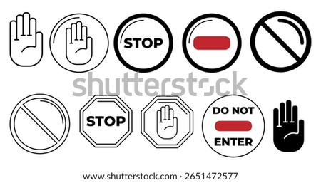 Line style stop signs and icons set in flat vector EPS 10. Includes various stop symbols such as octagon signs, hand gestures, and line art warnings used in traffic, safety, UI alerts, or restriction.