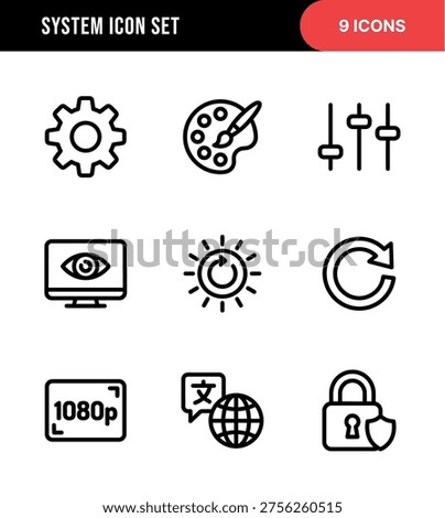 Line Style System Icon Set with Cogwheel, Palette and Padlock Shape