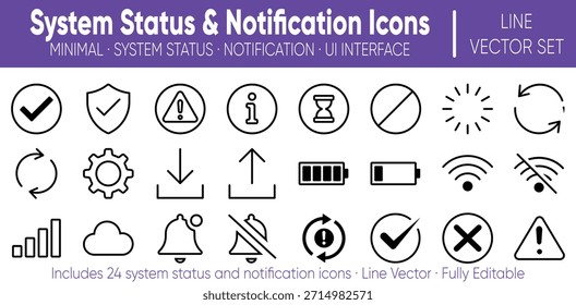 Estado de sistema de estilo de línea e íconos de notificación que incluyen éxito, error, advertencia e información para UI UX, App, paneles, software y Diseño web.
