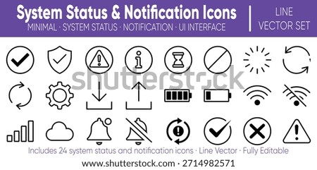 Line style system status and notification icons including success, error, warning and info symbols for UI UX, apps, dashboards, software and web design.
