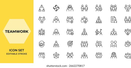 Ícone de trabalho em equipe de estilo de linha definido para aplicativos móveis e da Web: colaboração, sinergia, cooperação empresarial, interação, gerenciamento, parceria, local de trabalho, reunião e muito mais.
