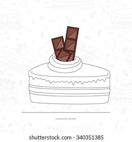 Line style template with cake.  Chocolate cake.  Piece of a pie from natural ingredients.