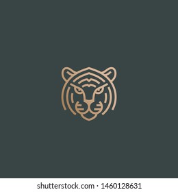 Line Style Tiger Face Abstract Vector Icon, Symbol or Logo Template. Wild Animal Head Sillhouette with Typography. Creative Predator Emblem with Golden Gradient and Dark Green Background.