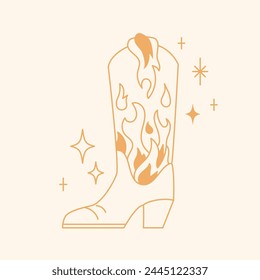 Line style trendy cowboy boots with flames.
Groovy American western footwear. Vector funky cowgirl shoes illustration.