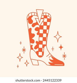 Line style trendy cowboy boots with cow and checks pattern.
Groovy American western footwear. Vector funky cowgirl shoes illustration.