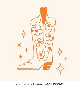 Line style trendy cowboy boots with daisy.
Groovy American western footwear. Vector funky cowgirl shoes illustration.