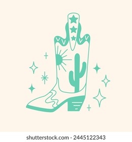 Line style trendy cowboy boots with cactus and sun.
Groovy American western footwear. Vector funky cowgirl shoes illustration.