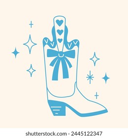 Line style trendy cowboy boots with bow.
Groovy American western footwear. Vector funky cowgirl shoes illustration.