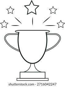 Taça de troféu de estilo de linha com estrelas ao redor representando conceitos de conquista, sucesso e vitória.
