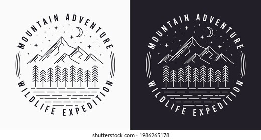 Line style t-shirt design with mountains, trees, night sky and slogan. Typography graphics for tee shirt design. Vintage apparel print. Vector illustration.