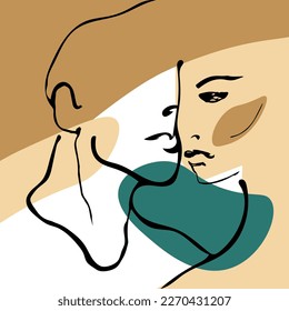 Line style vector couple in love, man and woman is hugging, fashionably minimalism. Muted, elegant color palette. Happy Valentine's Day romantic background. Wall decor.