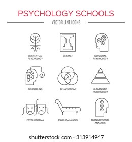 Line style vector icons introducing different psychology theories including psychoanalysis, counseling, existential psychology, behaviorism, gestalt. Mental health icon collection. Line icon set.