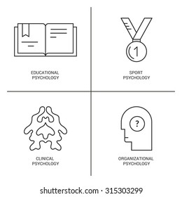 Line style vector icons introducing different psychology theories including sport, clinical, educational psychology.Â Mental health, autism, mental problems symbols.
