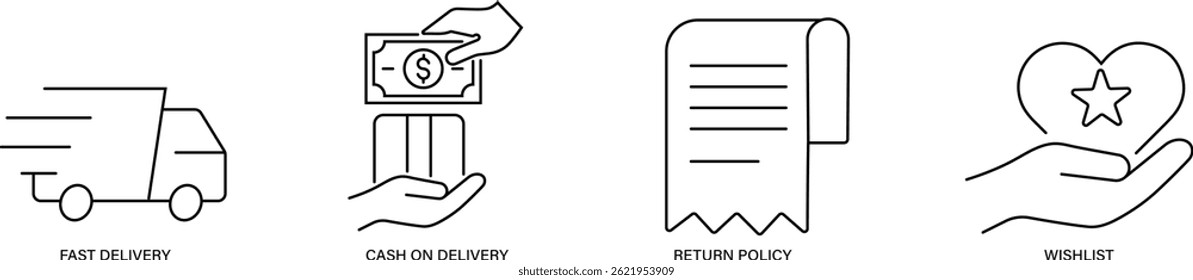 Iconos de vector de estilo de línea para compras, comercio electrónico y actividades minoristas