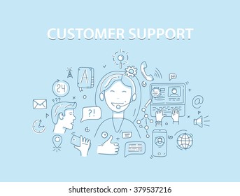 Line style vector illustration concept for customer support service.