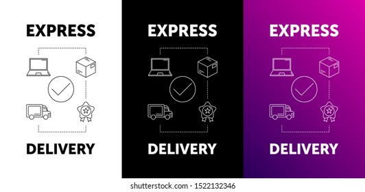 LINE style vector illustration delivery service concept. Abstract laptop with  box container and truck. delivery with good rating.