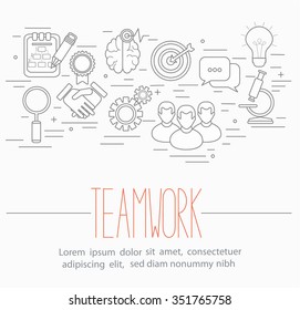 Line style vector illustration design  concept of  teamwork. Lots of business symbols isolated on background with place for your text. 
